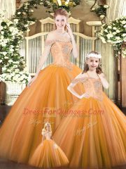 Most Popular Off The Shoulder Sleeveless Lace Up Quinceanera Dress Orange Tulle