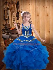 Floor Length Ball Gowns Sleeveless Blue Little Girls Pageant Gowns Lace Up