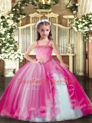 Straps Sleeveless Little Girls Pageant Dress Floor Length Appliques Fuchsia Tulle