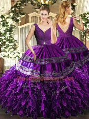 Glittering Organza Sleeveless Floor Length Quinceanera Gowns and Beading and Ruffles and Ruching