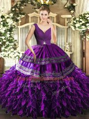 Glittering Organza Sleeveless Floor Length Quinceanera Gowns and Beading and Ruffles and Ruching