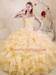 Stylish Gold Sleeveless Organza Lace Up Quince Ball Gowns for Sweet 16 and Quinceanera