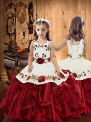 Wine Red Straps Neckline Embroidery and Ruffles Kids Pageant Dress Sleeveless Lace Up