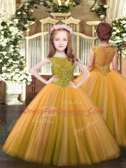 Floor Length Orange Little Girl Pageant Dress Tulle Sleeveless Beading