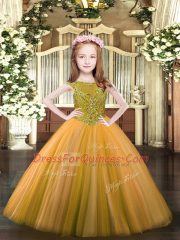 Floor Length Orange Little Girl Pageant Dress Tulle Sleeveless Beading