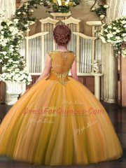 Floor Length Orange Little Girl Pageant Dress Tulle Sleeveless Beading