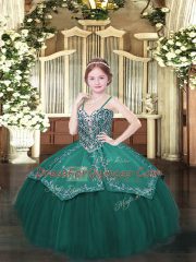 Great Floor Length Dark Green Pageant Gowns For Girls Spaghetti Straps Sleeveless Lace Up