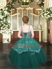 Great Floor Length Dark Green Pageant Gowns For Girls Spaghetti Straps Sleeveless Lace Up
