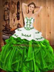 Artistic Satin and Organza Strapless Sleeveless Lace Up Embroidery and Ruffles Quinceanera Gowns in