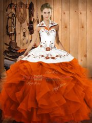 Orange Red Ball Gowns Halter Top Sleeveless Tulle Floor Length Lace Up Embroidery and Ruffles Quinceanera Gowns