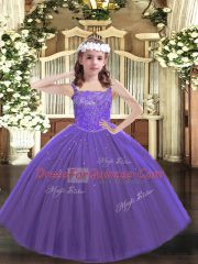 Enchanting Floor Length Lace Up Kids Pageant Dress Purple for Sweet 16 and Quinceanera and Wedding Party with Beading