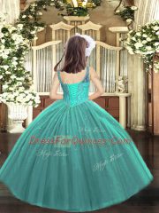 Enchanting Floor Length Lace Up Kids Pageant Dress Purple for Sweet 16 and Quinceanera and Wedding Party with Beading