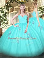 Traditional Aqua Blue Spaghetti Straps Neckline Appliques Vestidos de Quinceanera Sleeveless Zipper