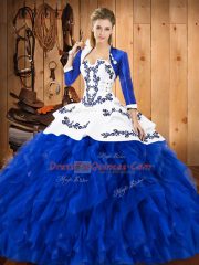 Sleeveless Satin and Organza Floor Length Lace Up 15 Quinceanera Dress in Blue And White with Embroidery and Ruffles