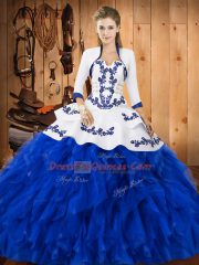 Sleeveless Satin and Organza Floor Length Lace Up 15 Quinceanera Dress in Blue And White with Embroidery and Ruffles