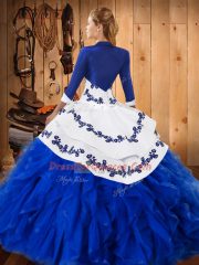 Sleeveless Satin and Organza Floor Length Lace Up 15 Quinceanera Dress in Blue And White with Embroidery and Ruffles