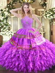 Hot Sale Halter Top Sleeveless Sweet 16 Quinceanera Dress Floor Length Beading and Ruffles and Sequins Lilac Tulle