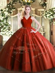 Ball Gowns Sweet 16 Quinceanera Dress Rust Red V-neck Tulle Sleeveless Floor Length Zipper