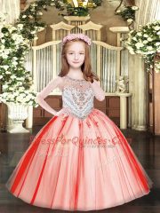 Elegant Ball Gowns Pageant Dress for Girls Coral Red Scoop Tulle Sleeveless Floor Length Zipper