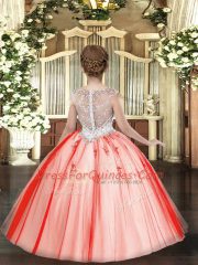 Elegant Ball Gowns Pageant Dress for Girls Coral Red Scoop Tulle Sleeveless Floor Length Zipper