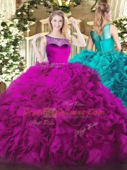 Sleeveless Fabric With Rolling Flowers Zipper Quince Ball Gowns in Fuchsia with Beading
