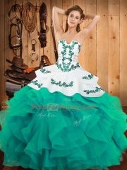 Floor Length Turquoise Sweet 16 Quinceanera Dress Satin and Organza Sleeveless Embroidery and Ruffles