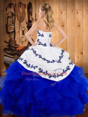 Floor Length Turquoise Sweet 16 Quinceanera Dress Satin and Organza Sleeveless Embroidery and Ruffles