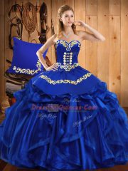 Deluxe Floor Length Royal Blue Quinceanera Gowns Organza Sleeveless Embroidery and Ruffles