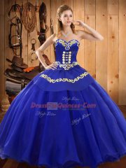 Stunning Blue Ball Gowns Satin and Tulle Sweetheart Sleeveless Embroidery Floor Length Lace Up Sweet 16 Dress