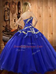 Stunning Blue Ball Gowns Satin and Tulle Sweetheart Sleeveless Embroidery Floor Length Lace Up Sweet 16 Dress