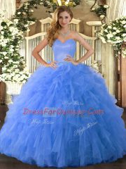 Popular Blue Lace Up Sweetheart Ruffles Ball Gown Prom Dress Tulle Sleeveless