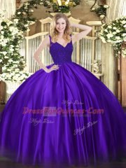 Ball Gowns Quince Ball Gowns Purple V-neck Taffeta Sleeveless Floor Length Zipper