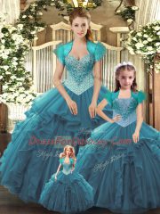 Ball Gowns Sweet 16 Dresses Teal Straps Tulle Sleeveless Floor Length Lace Up