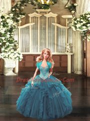 Ball Gowns Sweet 16 Dresses Teal Straps Tulle Sleeveless Floor Length Lace Up