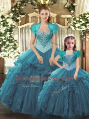 Ball Gowns Sweet 16 Dresses Teal Straps Tulle Sleeveless Floor Length Lace Up