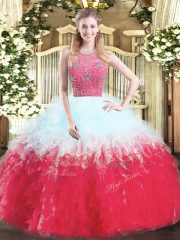 Glorious Multi-color Tulle Zipper Halter Top Sleeveless Floor Length Quinceanera Dress Beading and Ruffles