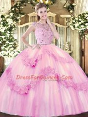 Suitable Sleeveless Tulle Floor Length Zipper 15 Quinceanera Dress in Rose Pink with Beading and Appliques