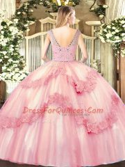 Suitable Sleeveless Tulle Floor Length Zipper 15 Quinceanera Dress in Rose Pink with Beading and Appliques