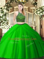 Flare Green Halter Top Zipper Beading and Ruching Quinceanera Dress Sleeveless