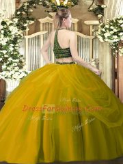 Flare Green Halter Top Zipper Beading and Ruching Quinceanera Dress Sleeveless