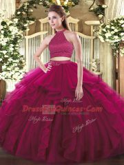 Best Fuchsia Two Pieces Beading and Ruffles Ball Gown Prom Dress Backless Tulle Sleeveless Floor Length