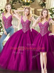 Fuchsia Sleeveless Beading Floor Length Ball Gown Prom Dress