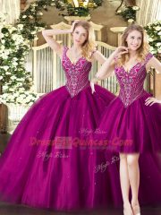 Fuchsia Sleeveless Beading Floor Length Ball Gown Prom Dress
