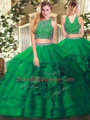 Customized Dark Green High-neck Zipper Beading and Ruffled Layers Quinceanera Dresses Sleeveless