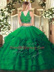 Customized Dark Green High-neck Zipper Beading and Ruffled Layers Quinceanera Dresses Sleeveless