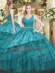 Floor Length Teal Quinceanera Gowns Satin and Organza Sleeveless Embroidery and Ruffled Layers