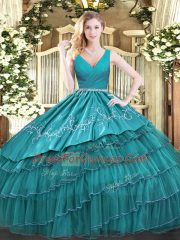 Floor Length Teal Quinceanera Gowns Satin and Organza Sleeveless Embroidery and Ruffled Layers