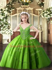 Elegant V-neck Sleeveless Pageant Gowns For Girls Floor Length Beading and Appliques Green Tulle