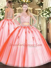 Watermelon Red Tulle Zipper Scoop Sleeveless Floor Length Quinceanera Dress Beading