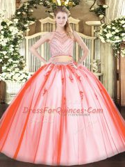 Watermelon Red Tulle Zipper Scoop Sleeveless Floor Length Quinceanera Dress Beading